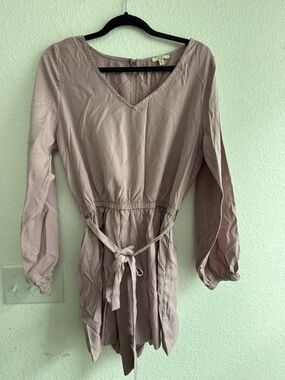 Kori Mauve V-Neck Tie-Waist Long Sleeve Tunic Romper
